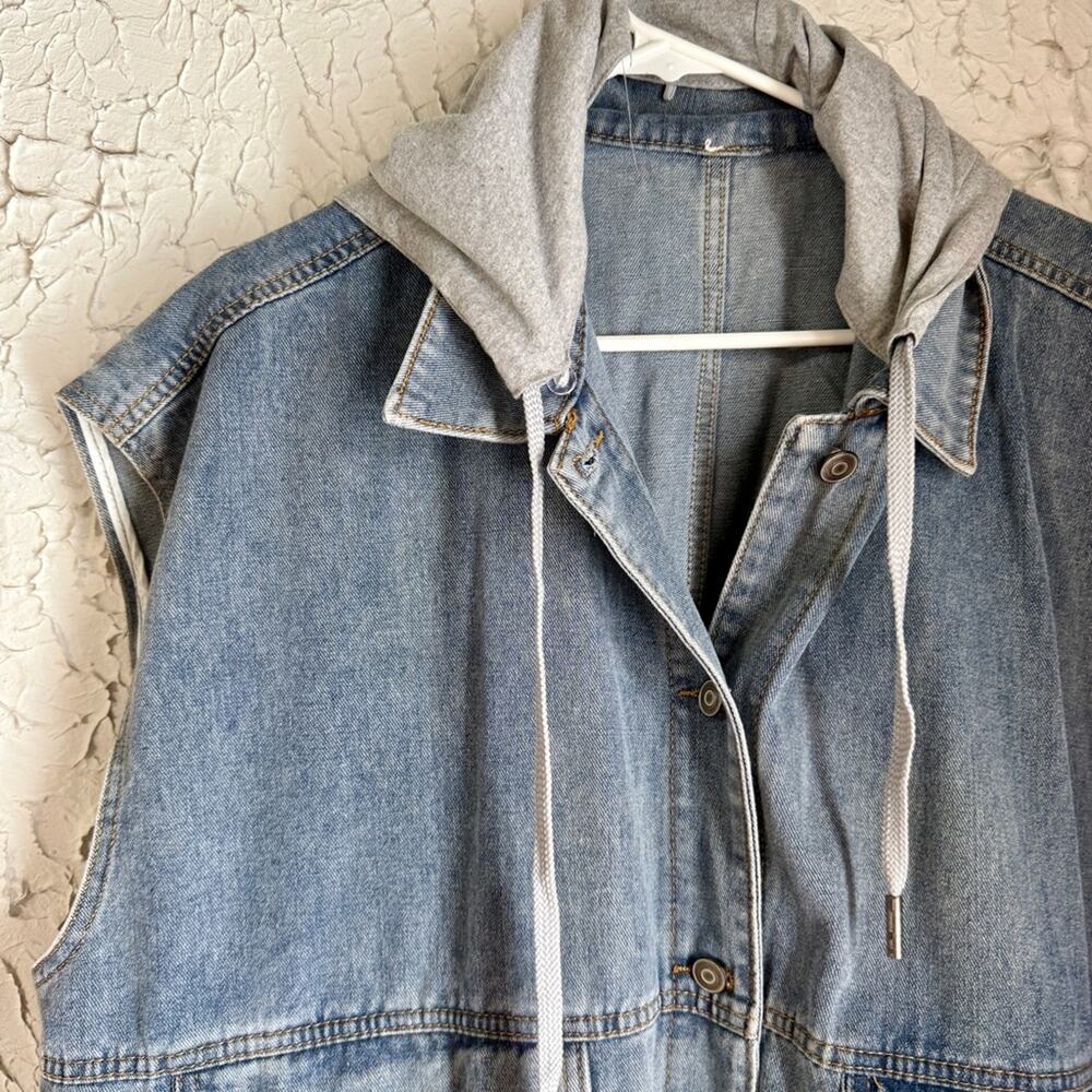 Denim Vest with Gray Hood Great for layering - Picture 2 of 6